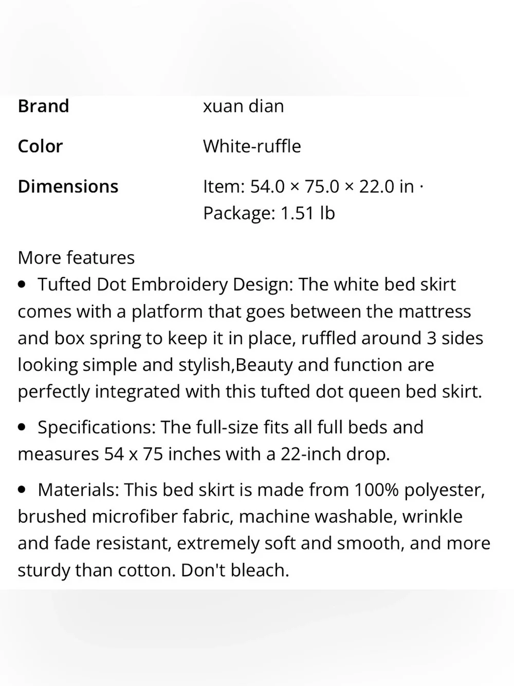 FULL SIZE Tufted Dot Embroidered Bed Skirt 22” Drop - WHITE